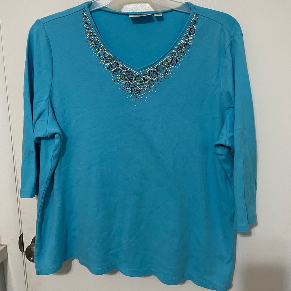 QUACKER Factory 3/4 Sleeve aqua blue v neck blouse with Rhinestone Accents XL